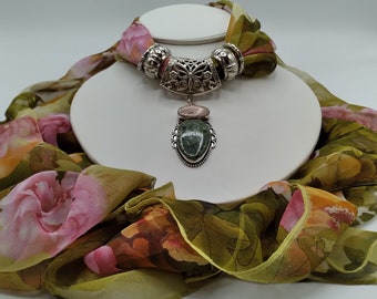 Tree Agate, Pink Rhodonite, Gem Slider Pendant, Includes Coordinating Olive Green and Pink Long  Scarf and 4 Scarf Rings