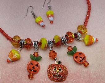 Halloween Necklace Earring Set: Lampwork Pumpkin Candy Corn, Red Agate