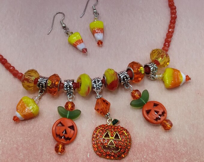Halloween Necklace Earring Set: Lampwork Pumpkin Candy Corn, Red Agate