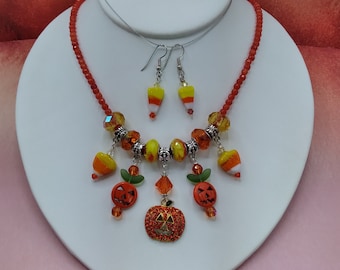 Halloween Necklace Earring Set: Lampwork Pumpkin Candy Corn, Red Agate