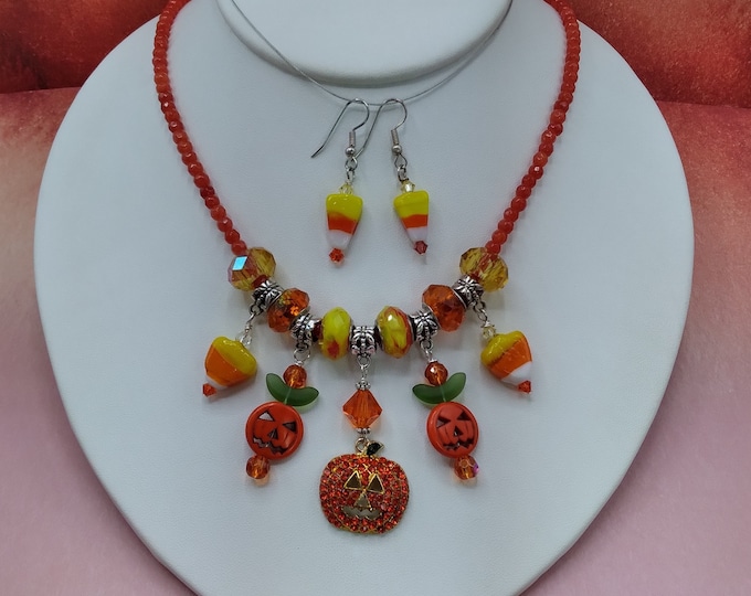 Halloween Necklace Earring Set: Lampwork Pumpkin Candy Corn, Red Agate