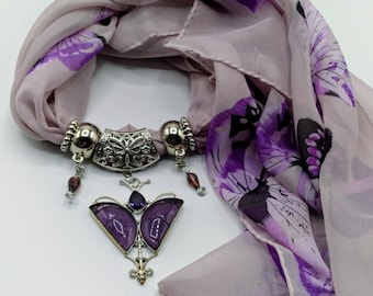 Carved Butterfly Purple Agate & Amethyst Scarf Gem Pendant Necklace, 6 Piece Set Also Includes Purple Butterfly Long Scarf and 4 Scarf Rings