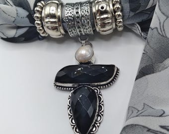 Faceted Black Agate, White Pearl Gem Scarf Pendant Necklace,6 Piece Set Also Includes Long Black and White Floral Scarf and Four Scarf Rings