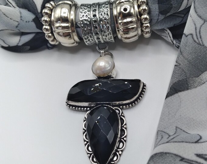 Faceted Black Agate, White Pearl Gem Scarf Pendant Necklace,6 Piece Set Also Includes Long Black and White Floral Scarf and Four Scarf Rings