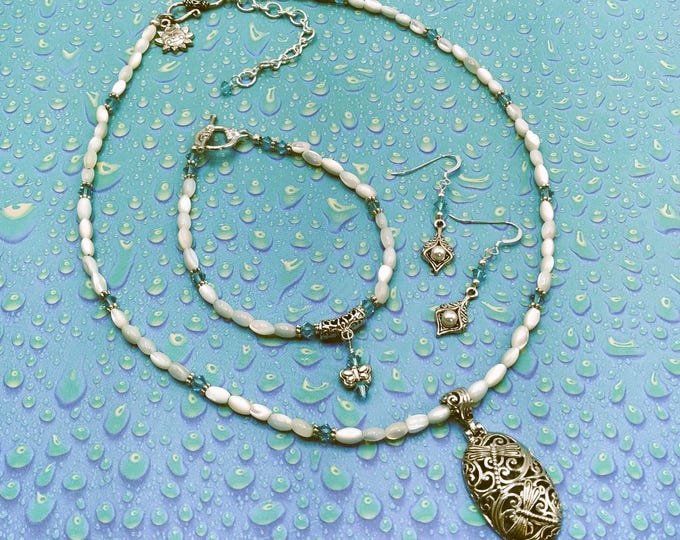 Sterling Silver Dragonfly Pendant Set: Genuine Mother-of-Pearl Necklace, Bracelet & Earrings