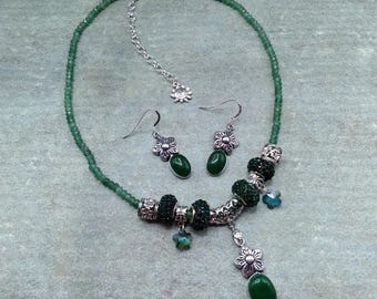 Green Agate Flower Charm Necklace and Earrings, 17-21 inch Adjustable Gem & Crystal Necklace with Matching Sterling Ear Wire Flower Earrings