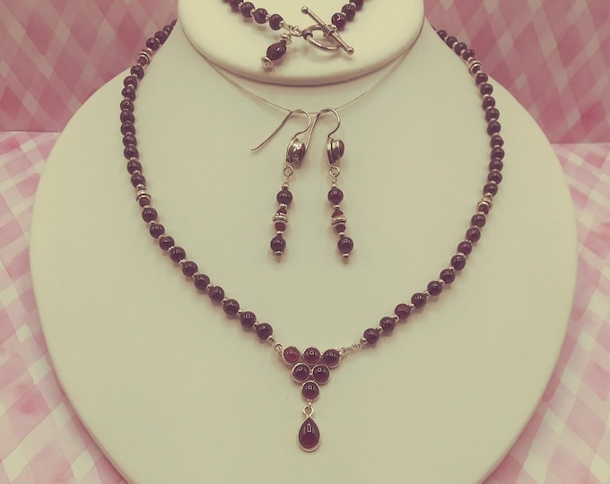 Burgundy Garnet Solid Sterling Silver Jewelry Set: Beaded Necklace, Bracelet, Earrings