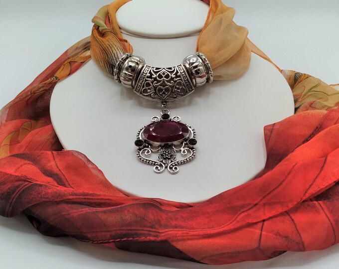 Red Agate and Faceted Red Garnet Scarf Gemstone Slide Pendant, 6 Piece Set, Coordinating Red and Sunshine Yellow Long Scarf, 4 Scarf Rings