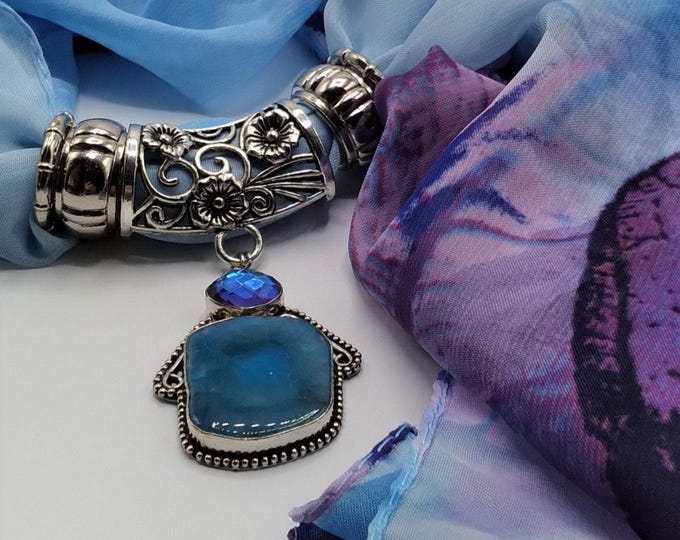 Blue Agate, Mystic Topaz Gem Scarf Slide Pendant Necklace, 6 Piece Set Includes Coordinating Blue & Purple Leaves Long Scarf, 4 Scarf Rings