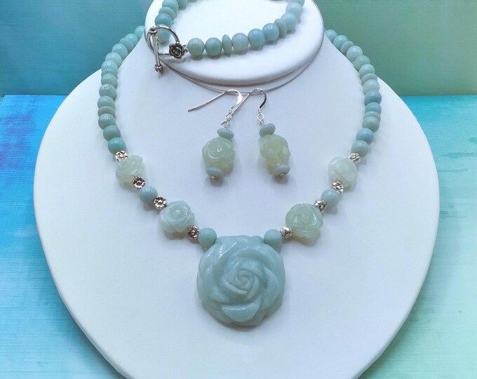 Aqua Amazonite Carved Rose Pendant with 17” Amazonite Necklace, Coordinating Bracelet and Earrings, Genuine Gem 3 Piece Set, Signed Original
