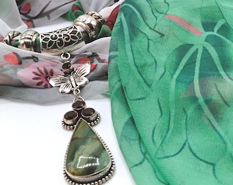 Ocean Agate, Berry Red Garnet Genuine Gem Butterfly Pendant Scarf Necklace Silver, Coordinating Floral Long Scarf, 4 Scarf Rings,6 Piece Set