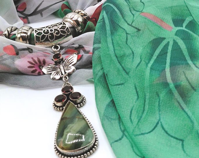 Ocean Agate, Berry Red Garnet Genuine Gem Butterfly Pendant Scarf Necklace Silver, Coordinating Floral Long Scarf, 4 Scarf Rings,6 Piece Set