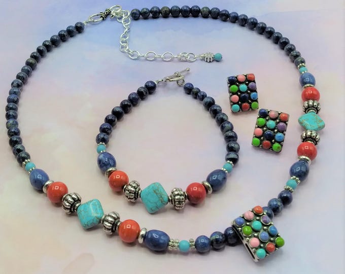 Lapis Lazuli, Turquoise, Coral, Solid Sterling 17” Adjustable Beaded Gem Pendant Necklace, with Toggle Bracelet & Matching Gemstone Earrings