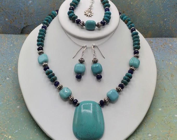 Turquoise, Lapis Lazuli, Solid Sterling Necklace Bracelet Earring Set