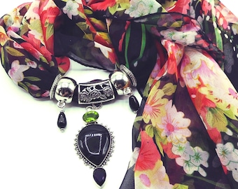 Black Agate, Peridot, Amethyst Genuine Gem Scarf Slide Pendant Necklace with Coordinating Black Floral Long Scarf and 4 Scarf Rings, 6 Piece