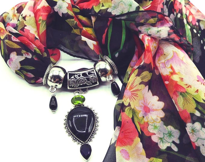 Black Agate, Peridot, Amethyst Genuine Gem Scarf Slide Pendant Necklace with Coordinating Black Floral Long Scarf and 4 Scarf Rings, 6 Piece