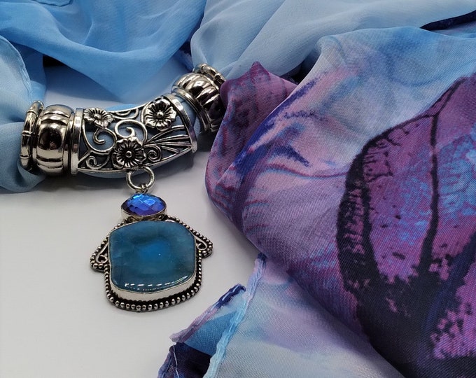 Blue Agate, Mystic Topaz Gem Scarf Slide Pendant Necklace, 6 Piece Set Includes Coordinating Blue & Purple Leaves Long Scarf, 4 Scarf Rings