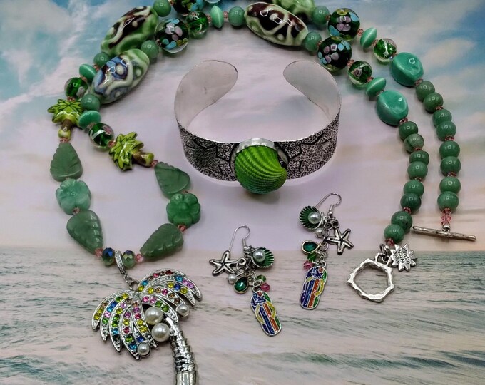 Palm Tree Crystal Enhancer Pendant, 4 Piece Jewelry Set, Includes 32 inch Beaded Island Luxe Beach Theme Charm Necklace, Bracelet & Earrings