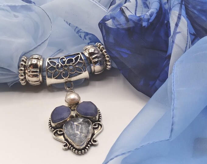 Rutilated Quartz, Sapphire, Pearl Gemstone Scarf Slide Pendant Necklace with Coordinating Blue Floral Long Scarf, 4 Scarf Rings, 6 Piece Set