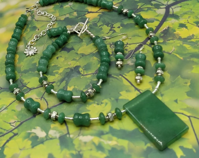 Lime Green Aventurine & Solid Sterling Silver Jewelry Set of Genuine Gemstone Necklace, Toggle Bracelet, Pierced Earrings, Signed Original