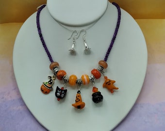 Halloween Necklace & Earring Set: Amethyst, Murano Glass Charms