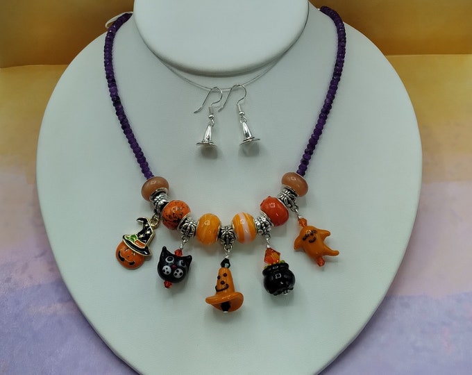 Halloween Necklace & Earring Set: Amethyst, Murano Glass Charms