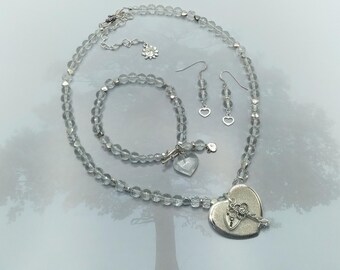 Solid Sterling and Faceted  Clear Quartz Heart Charm Coordinating Necklace, Bracelet and Earring 3 Piece Genuine Gem Beaded Jewelry Set