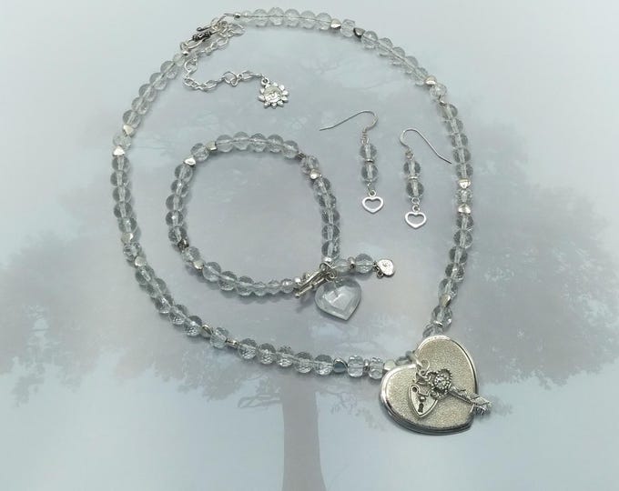 Solid Sterling and Faceted  Clear Quartz Heart Charm Coordinating Necklace, Bracelet and Earring 3 Piece Genuine Gem Beaded Jewelry Set
