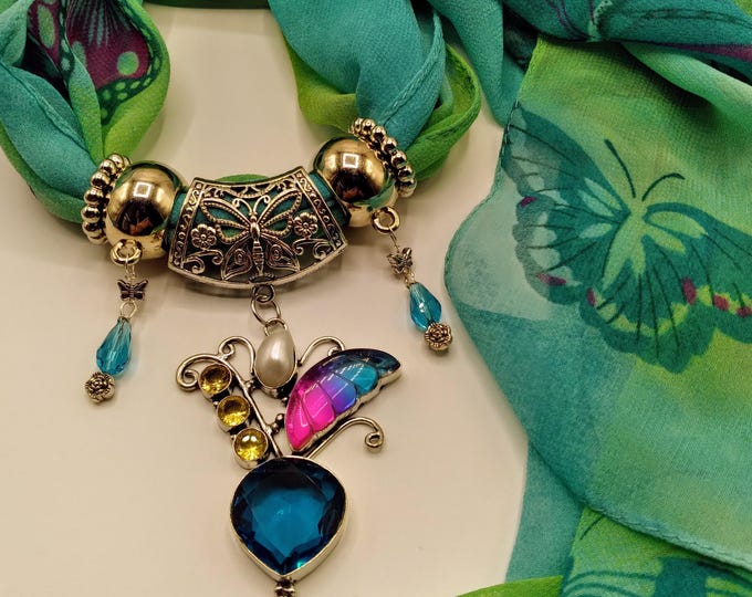 Carved Butterfly Wing Agate Topaz Citrine Pearl Scarf Gem Pendant Necklace, 6 Piece Set Teal Multi Butterfly Long Scarf  4 Scarf Rings