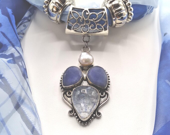 Rutilated Quartz, Sapphire, Pearl Gemstone Scarf Slide Pendant Necklace, 6 Piece Set with Coordinating Blue Floral Long Scarf, 4 Scarf Rings