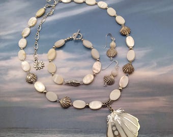 Mother of Pearl Solid Sterling Silver Shell Jewelry Set: Necklace, Bracelet, Earrings