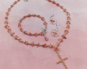 Angelskin Salmon Coral Sterling Jewelry, 3 Piece Set, Cross Pendant, Beaded Coral Toggle Necklace, Gem Toggle Bracelet, Pierced Earrings