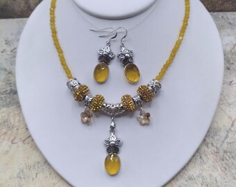 Citrine Flower and Crystal Slider Necklace & Earrings Set: Sterling Silver, Adjustable