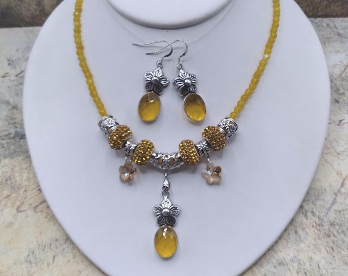 Citrine Flower and Crystal Slider Necklace & Earrings Set: Sterling Silver, Adjustable