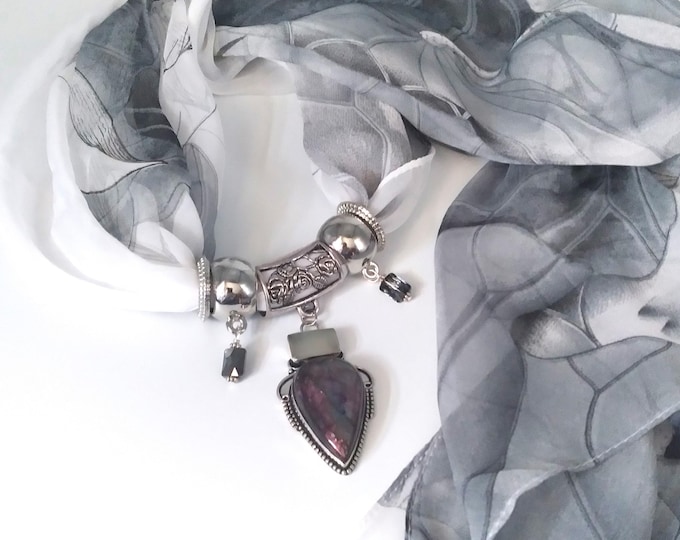 Labradorite & Moonstone Scarf Slide Pendant Necklace, Genuine Gem, 6 Piece Set Includes Coordinating Gray Floral Long Scarf, 4 Scarf Rings