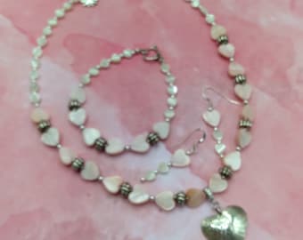 Pink & White Mother of Pearl Solid Sterling 4 Piece Jewelry Set, Beaded Necklace, Bracelet, Earrings, Pearl Enhancer Sterling Heart Pendant