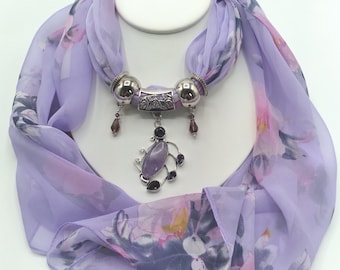 Purple Amethyst Genuine Gem Pendant Scarf Necklace, Includes Coordinating Purple & Pink Long Floral Scarf, 4 Scarf Rings, 6 Piece Set