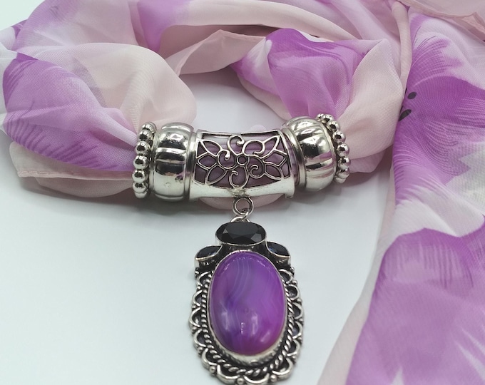 Purple Agate, Amethyst, Iolite, Gem Scarf Slide Pendant Necklace, 6 Piece Set, Coordinating  Purple Floral Theme Long Scarf, 4 Scarf Rings