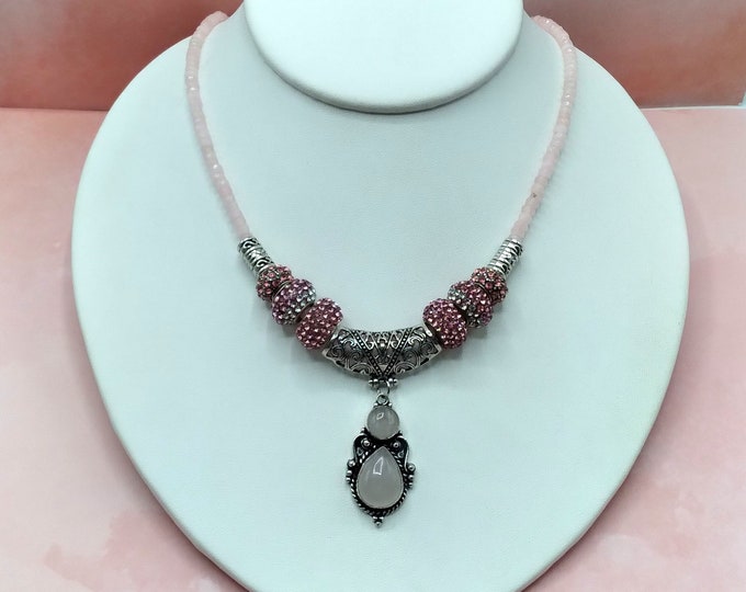 Pink Rose Quartz & Silver Slide Pendant, 18 Inch Faceted Rose Quartz Beaded Necklace, 8 Removable Pave Crystal Silver Beads, 10 Piece Set