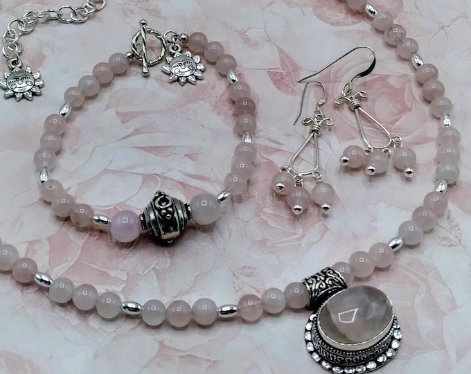 Pink Rose Quartz & Solid Sterling Genuine Gemstone Beaded 3 Piece Jewelry Set of Adjustable Necklace, Toggle Bracelet, Chandelier Earrings