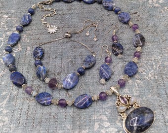 Sodalite Amethyst Moonstone Solid Sterling Silver Genuine Gem Jewelry Set