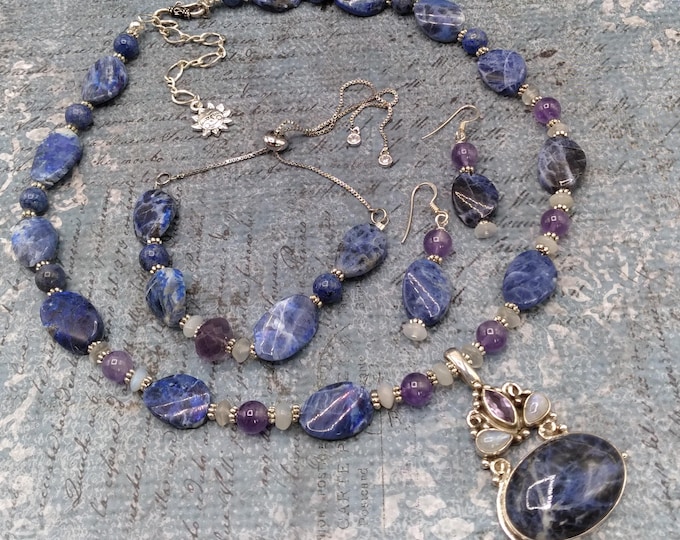 Navy Sodalite, Purple Amethyst, White Moonstone, Solid Sterling 3 Piece Set Includes Adjustable Necklace and Bracelet, Coordinating Earrings