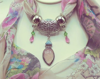 Pink Rose Quartz & Aqua Larimar Scarf Slide Pendant Necklace, 6 Pc. Set Also Includes  Pink Long Floral Scarf, 4 Scarf Rings,  one of a kind