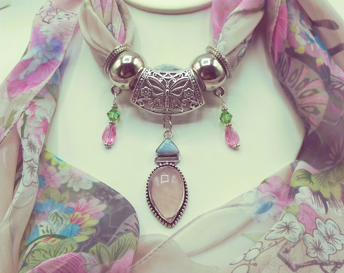 Pink Rose Quartz & Aqua Larimar Scarf Slide Pendant Necklace, 6 Pc. Set Also Includes  Pink Long Floral Scarf, 4 Scarf Rings,  one of a kind