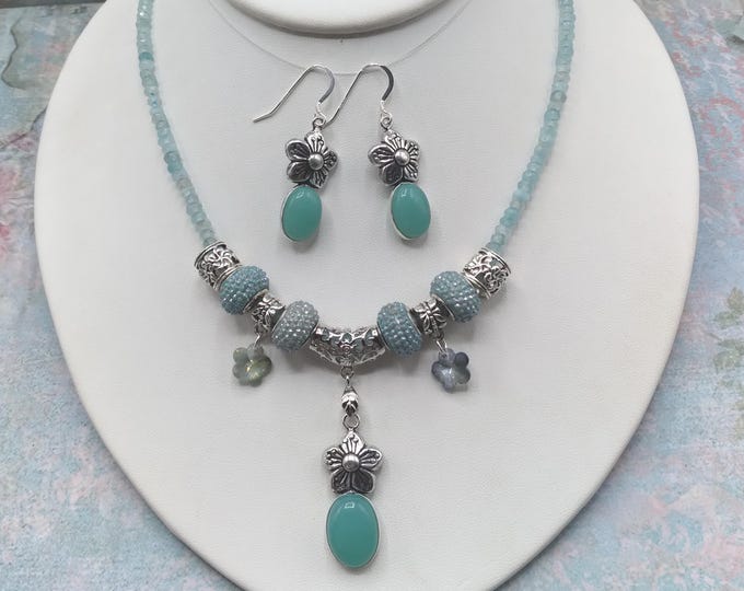 Aqua Flower Charm Necklace and Earrings, 17to21 inch Adjustable Gem & Pave Crystal Necklace with Matching Sterling Ear Wire Flower Earrings