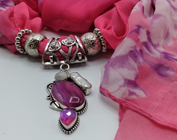 Botswana Pink Agate, Moonstone, Pearl, Pink Topaz Genuine Gemstone Scarf Slide Jewelry Pendant, 6 Piece Set, Long Pink Scarf, 4 Scarf Rings