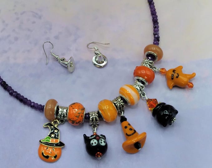 Halloween Necklace & Earring Set: Amethyst, Murano Glass Charms