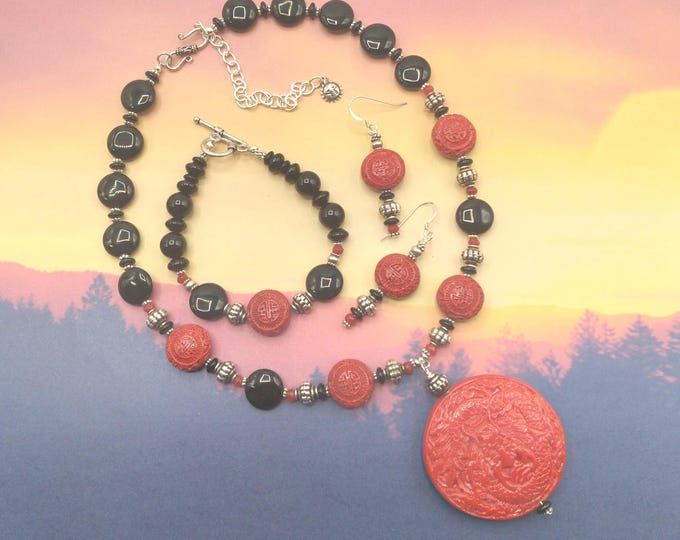 Solid Sterling Black Agate, Ruby Coordinating Jewelry Set of Carved Red Dragon Pendant, Adjustable Gem Necklace, Gem Bracelet & Earrings
