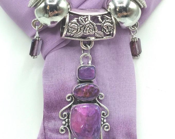 Purple Fluorite Genuine Gem Scarf Slider Pendant Necklace Set: Silver Filigree, Rings & Long Scarf