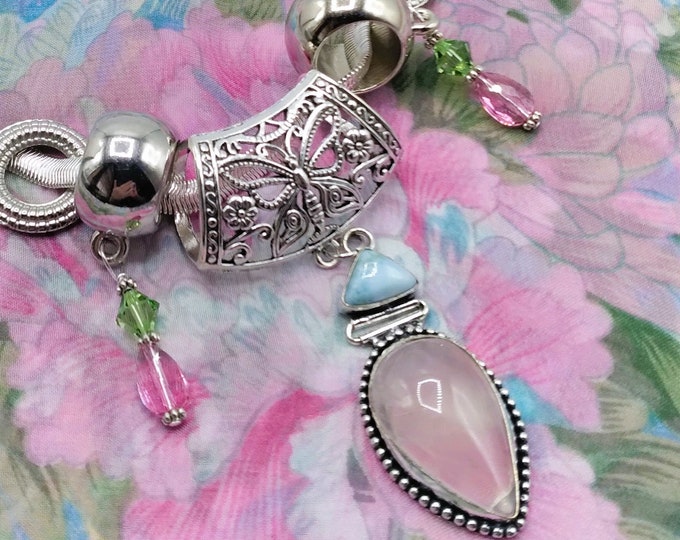 Rose Quartz with Larimar Scarf Slide Pendant Necklace Set: Floral Scarf & Rings